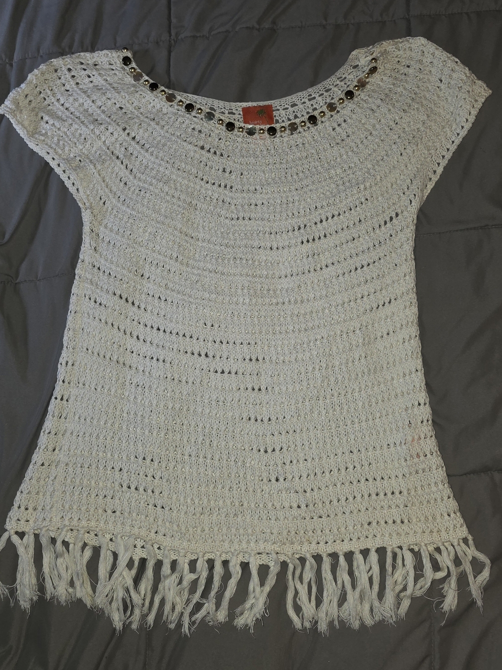 hearts of palm Cream Crochet Off-Shoulder Sweater with Fringe